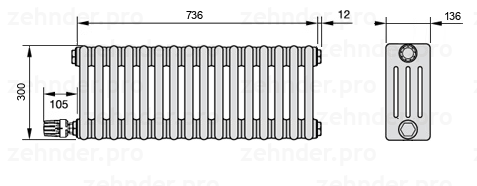 Схема (чертеж) Радиатор Zehnder Charleston 4030/16 №V003 Белый глянцевый RAL 9016